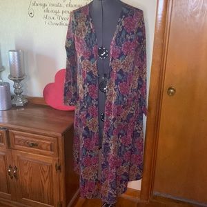 LULAROE | Sarah Longline Duster Blue Yellow Red Needlepoint Floral Pockets | M